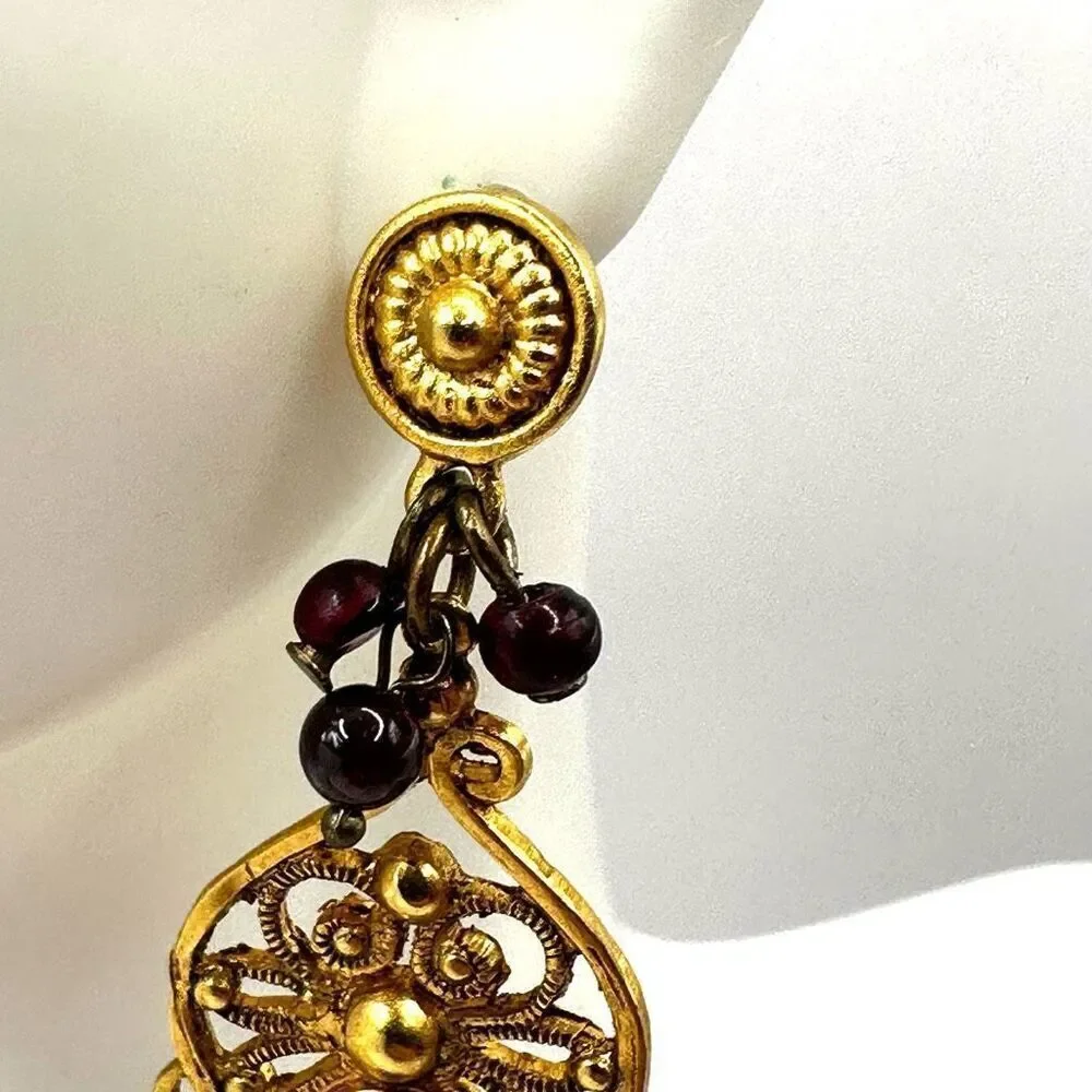 Gold tone beaded red rhinestone drop earrings